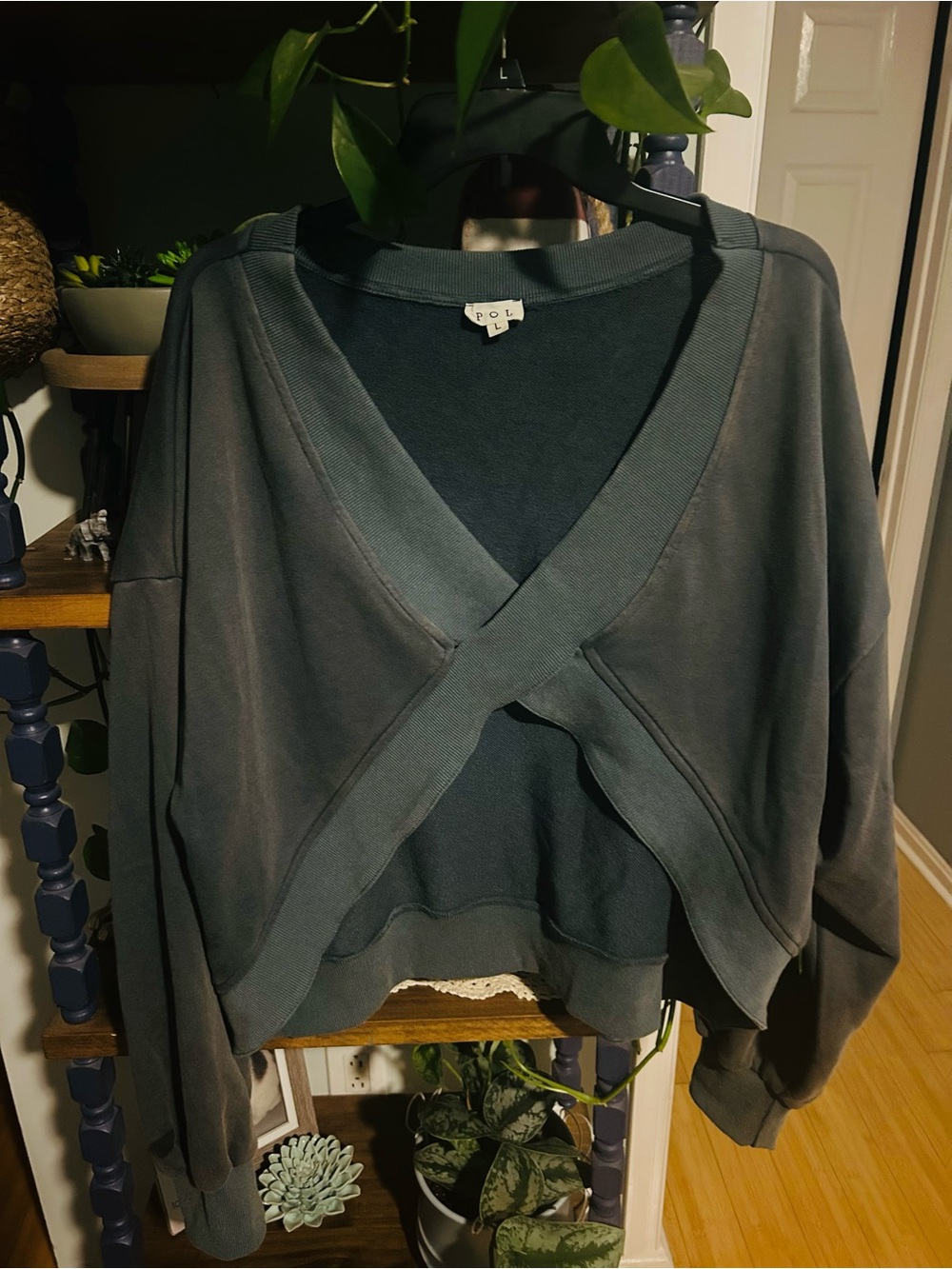 POL Green Cross-Front V-Neck Sweat Shirt